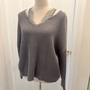 COMMENSE Lace Panel Wool-Blend Ribbed Knit Top SPU: OA251020125 SMALL GREY